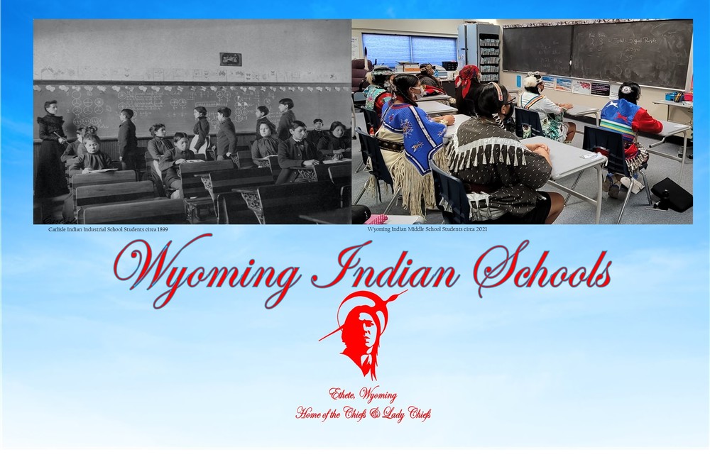 Before and After image of Native Education from boarding school to Wyoming Indian Schools students in traditional regalia.