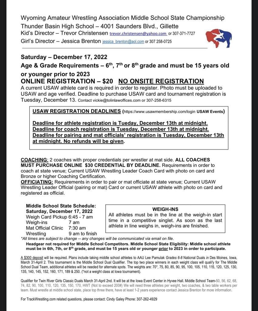 Wyoming Amateur Wrestling Middle School State Championship Flyer